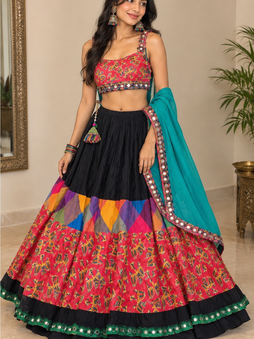Traditional Black & Pink Printed Lehenga Skirt with Multicolor Border